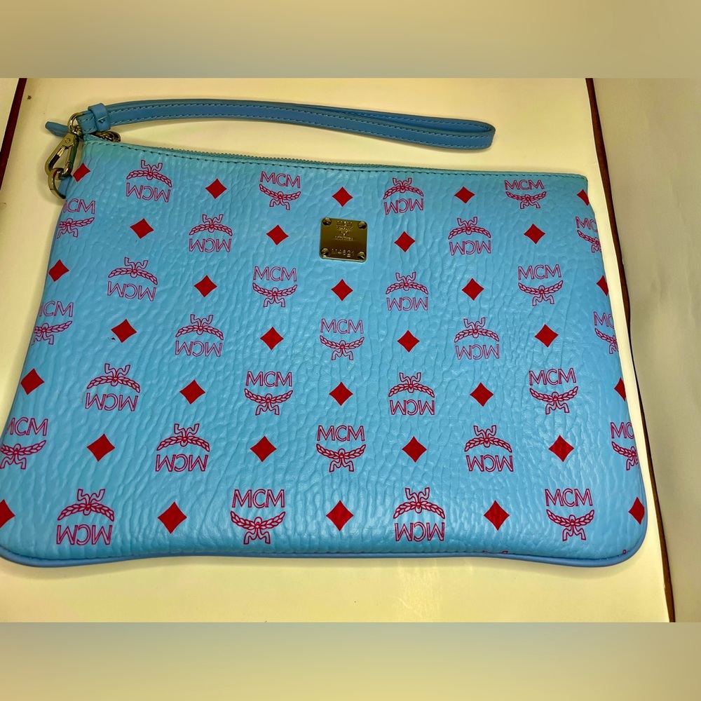 MCM Medium Visetos Wristlet Bag in Blue Bell